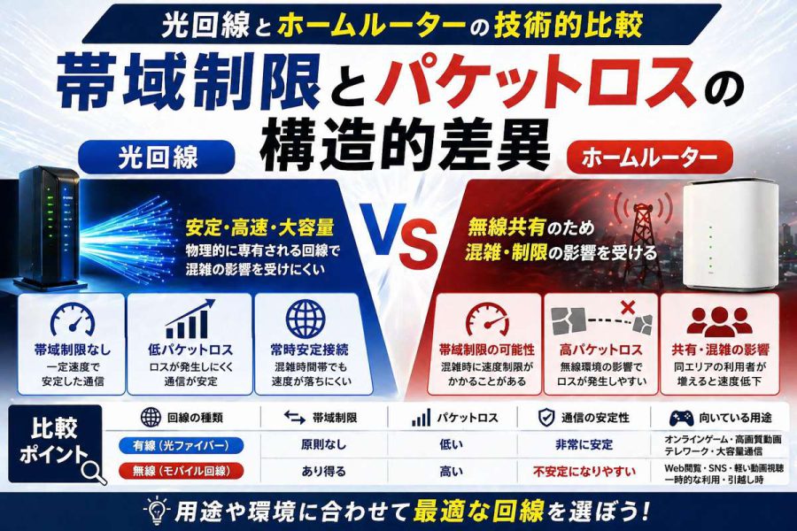 光回線とホームルーターの技術的比較|帯域制限とパケットロスの構造的差異