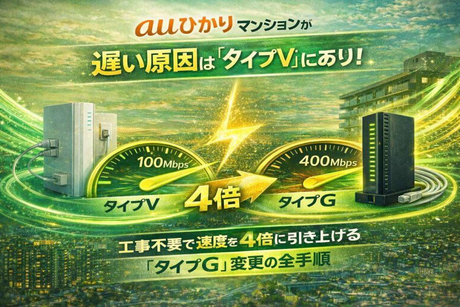 auひかりマンションが遅い原因は「タイプV」にあり!工事不要で速度を4倍に引き上げる「タイプG」変更の全手順
