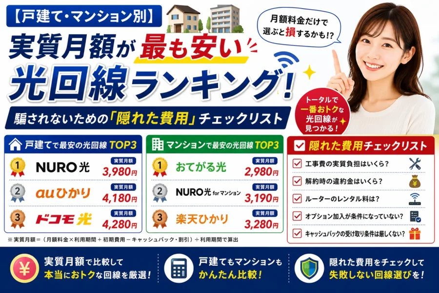 【戸建て・マンション別】実質月額が最も安い光回線ランキング!騙されないための「隠れた費用」チェックリスト